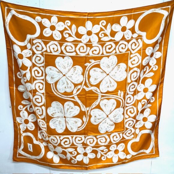 Yves Saint Laurent YSL 100% Silk Satin Scarf 34" White Shamrock Pumkin Color (60 - Picture 1 of 13